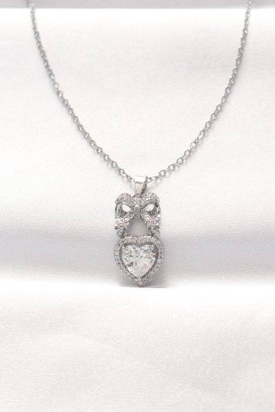 Acousticworld 316L Steel Silver Color Zircon Stone Heart Bow Necklace