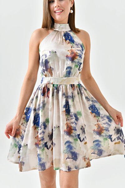lovebox Beige Satin Evening Dress - Round Neck, Flared Cut, Printed 2438