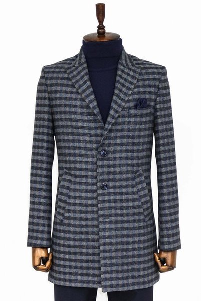 Wessi Kaşe Kareli Geniş Yaka Slim Fit Lacivert Erkek Palto - Wessi