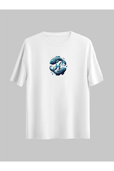 donamod Tricou oversize unisex alb-negru Astrologie Pești Icon - Cadou de ani...