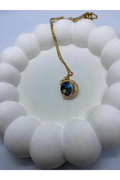 HEDİYEBOHÇAM قلادة كوكب من الفولاذ الذهبي اللون بحجر الزركون