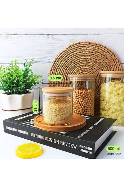 LADYNUR 500ml Bamboo Glass Spice Rack - Vacuum Lid, 3 Pieces / 11cmx8.5cm 500cc