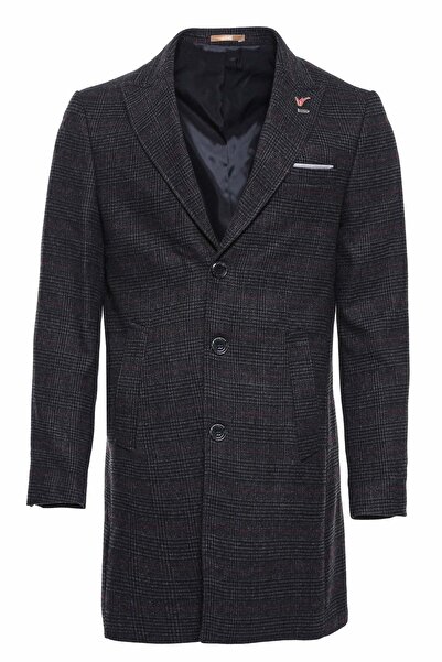 Wessi Geniş Sivri Yaka Ekose Antrasit Erkek Kısa Palto - Wessi