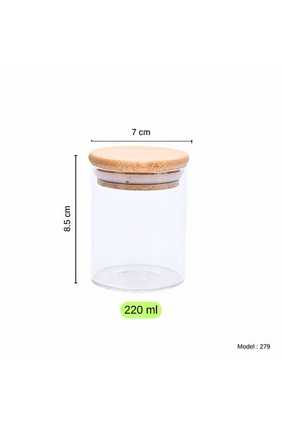 LADYNUR 6 Pieces Wide Glass Bamboo Spice Dispenser - Vacuum Lid, 220ml / 8.5cm x 7cm
