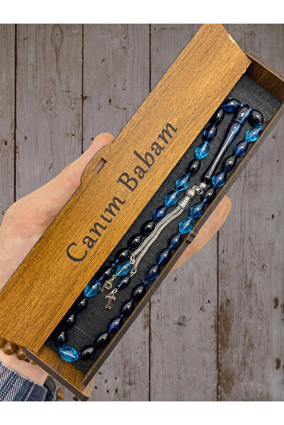 KANUNİ TESBİH Canım Babam Yazılı Kutuda, Harfli Arpa Kesim Petrol Mavisi Tesbih