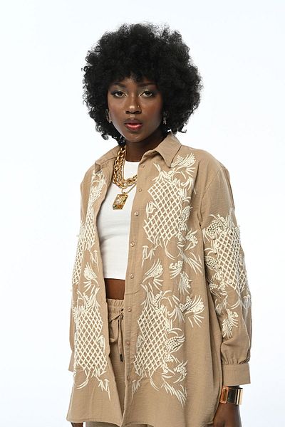 FURKAN EXCLUSIVE Beige Colored Women's Oversize Shirt - Pearl and Embroidery, Standard Size