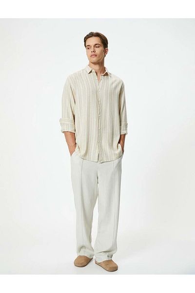 Koton Beige gestreiftes Langarmhemd aus Leinenmischung - zum Knöpfen 4SAM60053HW