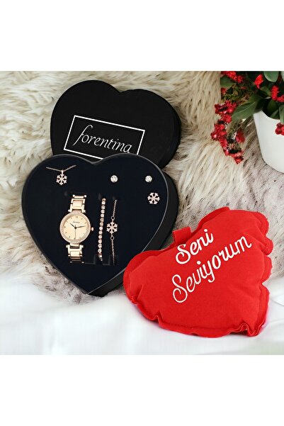Forentina Rose Kar Tanesi Kolye Küpe Bileklik Yüzük Saat Kalpli Yastık Hediye...