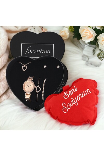 Forentina Rose Kalpli Kolye Küpe Bileklik Saat Kalpli Yastık Hediye Set PS3411