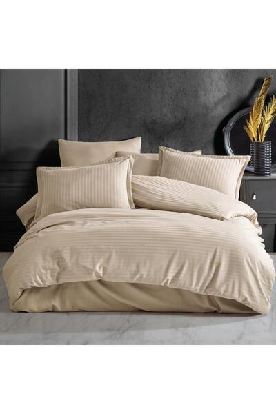 Clasy Beige Colored 100% Cotton Satin - Double Duvet Cover Set V2