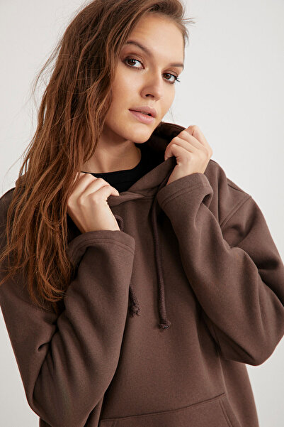 GRIMELANGE Dámská fleecová mikina Gayle s kapucí uvnitř uvolněného střihu Basic hořkohnědá