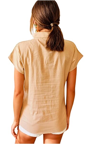 Cassime Μπεζ λινό γυναικείο καλοκαιρινό πουκάμισο - μανίκια νυχτερίδας και κουμπιά