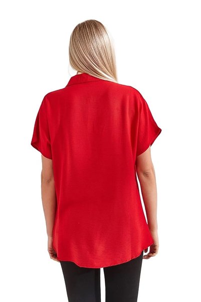 Cassime Women's Red Oversize Bat Short Sleeve Linen Shirt with Buttons