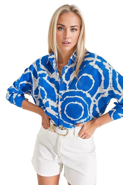 Cassime Синя лляна сорочка оверсайз з рукавами-крилами - з довгими рукавами т...