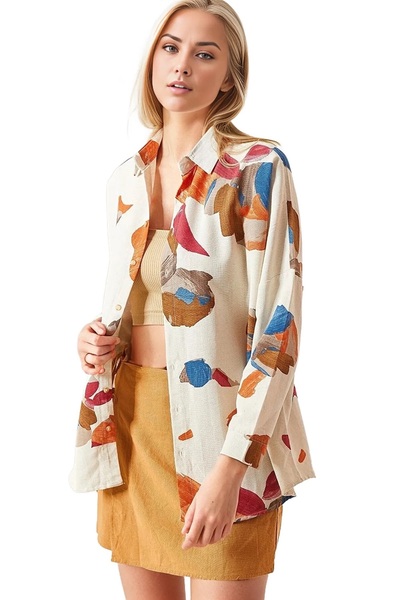 Cassime Cămașă oversize din in ecru - model colorat, cu nasturi