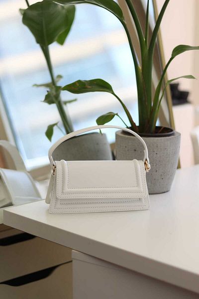 Moom Bag Mini țesătură albă - Geantă de umăr de mână pentru femei cu detaliu curea