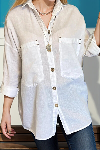 Cassime Ecru Stone Wooden Buttoned Cotton Linen Women's Shirt