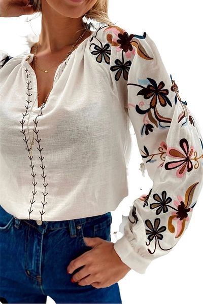 Cassime Ecru Women's Blouse - Embroidered Sleeves and Design Embroidered