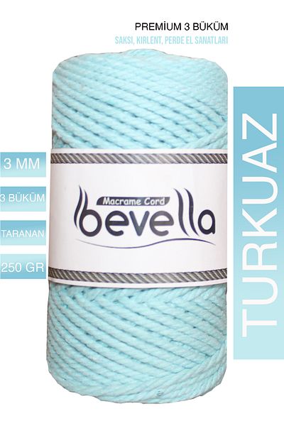 Bevella Macrame Cord Premium Turquoise Twisted 3 Twist Cotton Macrame Thread - 3 Mm, 250 Gr