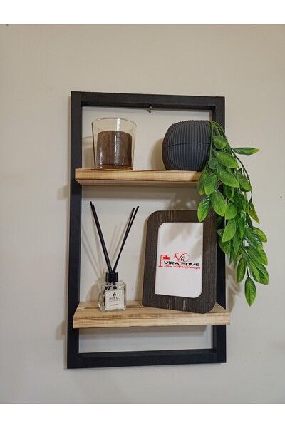 ViraHome Lüx Dekoratif Siyah Ahşap Çerçeveli Iki Katlı Duvar Rafı Çiçeklik Duvar Süsü Ev Antre Balkon Rafı
