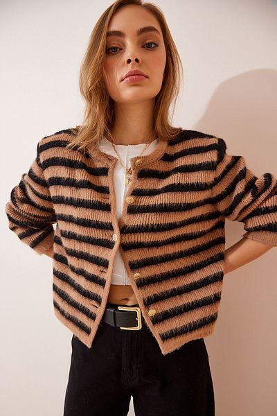 Happiness İstanbul Stylový černý pruhovaný úplet velbloudí dámský cardigan - zapínání na knoflíky a vousy Yy00115