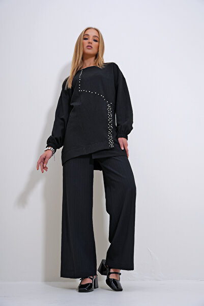 Trend Alaçatı Stili Black Pearl and Stone Embroidered Tunic and Trousers Women's Set - Crew Neck ALC-X12302