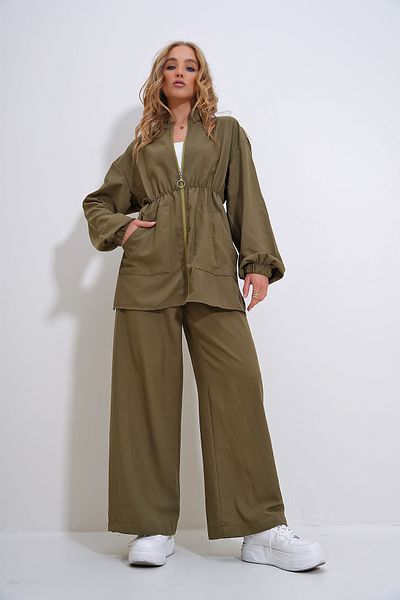 Trend Alaçatı Stili Khaki Women's Jacket and Trousers Set - Stand Collar, Zipper, Double Pocket ALC-X12300