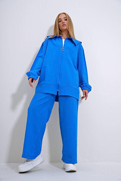 Trend Alaçatı Stili Saks színes pólógallér kabát és nadrág szett - ALC-X12301