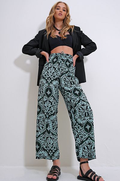 Trend Alaçatı Stili Green Viscose Trousers - Elastic Waist, Patterned, ALC-X12358