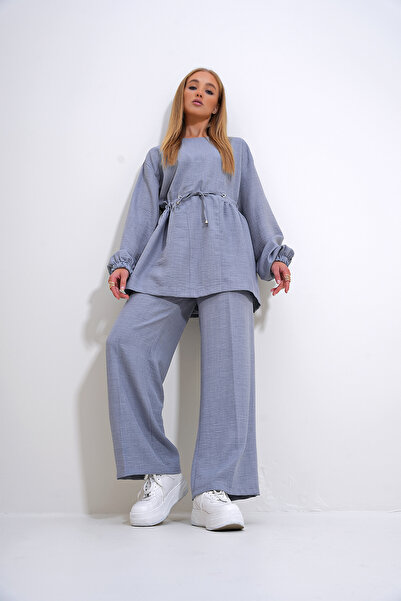 Trend Alaçatı Stili Gray Palazzo Tunic Belted Crew Neck Women's Trousers Set - ALC-X12299