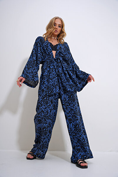 Trend Alaçatı Stili Kék fekete kimonó és Palazzo nadrág szett - ALC-X11751