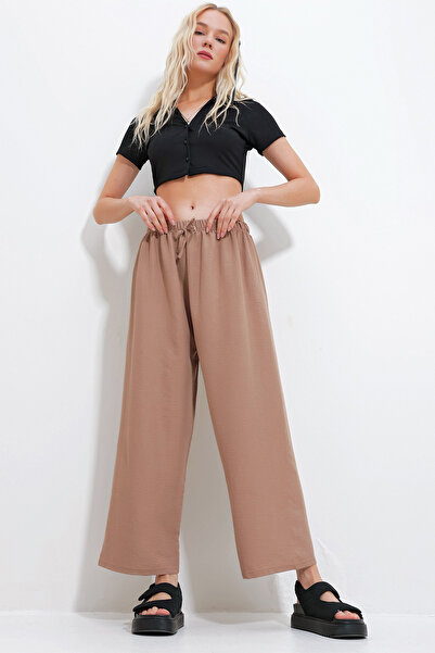 Trend Alaçatı Stili Kadın Camel Beli Lastikli Geniş Paça Dökümlü Dokuma Pantolon ALC-X11883