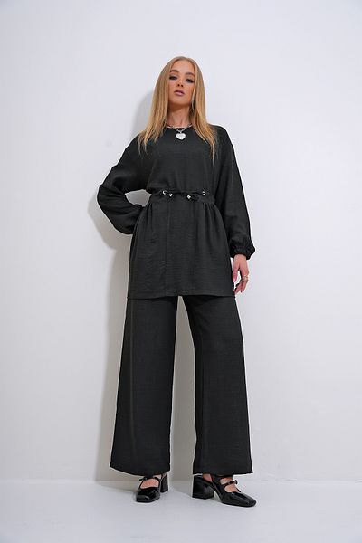 Trend Alaçatı Stili Black Palazzo Tunic and Belted Crew Neck Women's Trousers Set - ALC-X12299