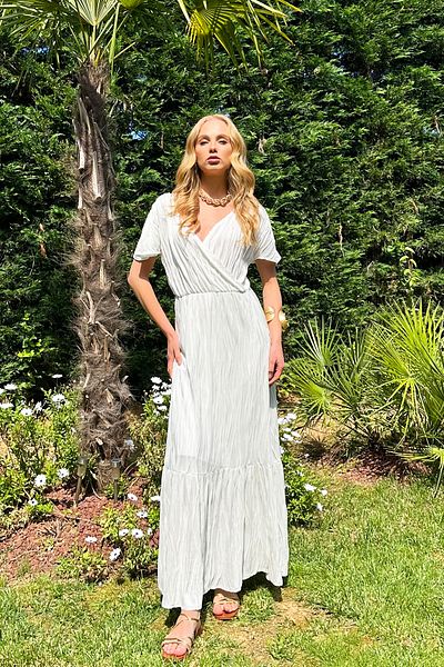 Trend Alaçatı Stili Λευκό Flounce Maxi Φόρεμα - Διπλός γιακάς, Φούστα με υφή ALC-X12344