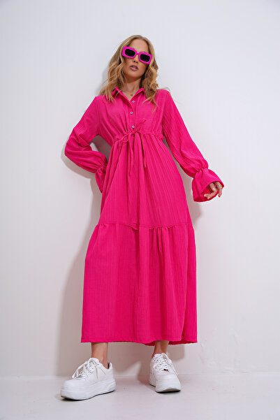 Trend Alaçatı Stili Fukszia inggallérral és fodros szoknyával hidzsáb ruha - gombos és szegélyezett, ALC-X12288