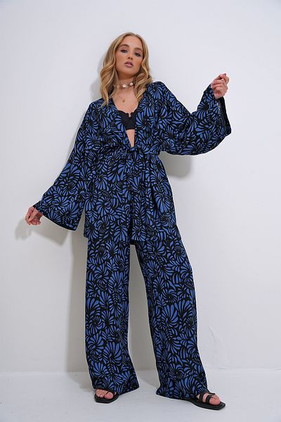 Trend Alaçatı Stili Blue Black Kimono and Palazzo Trousers Set - ALC-X11751
