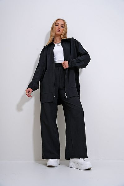 Trend Alaçatı Stili Black Sailor Collar Zippered Jacket and Trousers Set - Alc-x12301