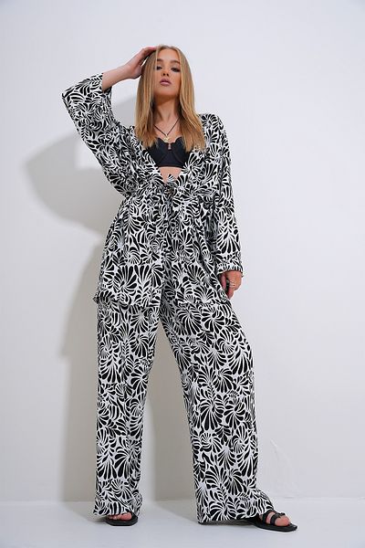 Trend Alaçatı Stili Schwarz-weißes Set aus Kimono und Palazzo-Hosen - ALC-X11751