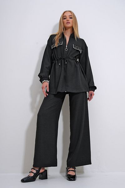 Trend Alaçatı Stili Black Stone Embroidered Belted Jacket and Palazzo Pants Set - Stand Collar, Zipper Detail ALC-X12305