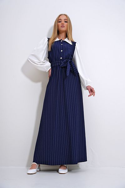 Trend Alaçatı Stili Navy Blue Striped Shirt Collar Hijab Dress - Button Detail, ALC-X12278
