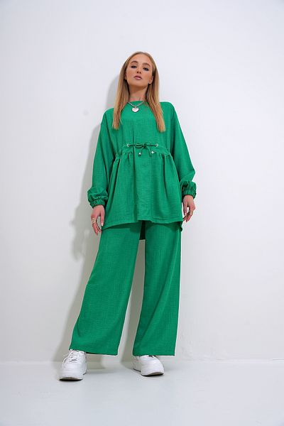 Trend Alaçatı Stili Emerald Green Women's Palazzo Tunic and Belted Crew Neck Trousers Set - ALC-X12299