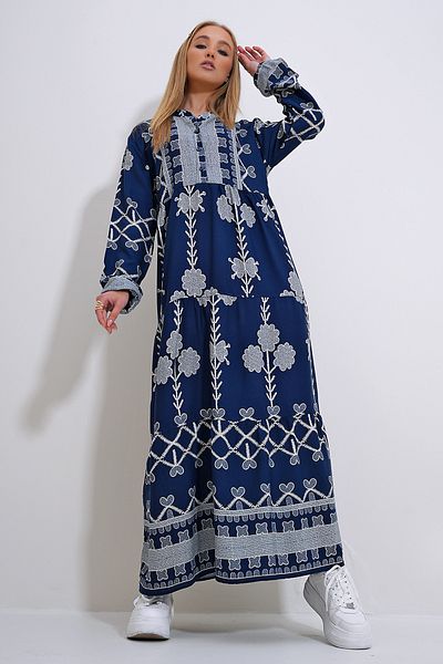 Trend Alaçatı Stili Navy Blue Viscose Hijab Dress - Prevailing Collar, Buttoned Pattern, ALC-X12283
