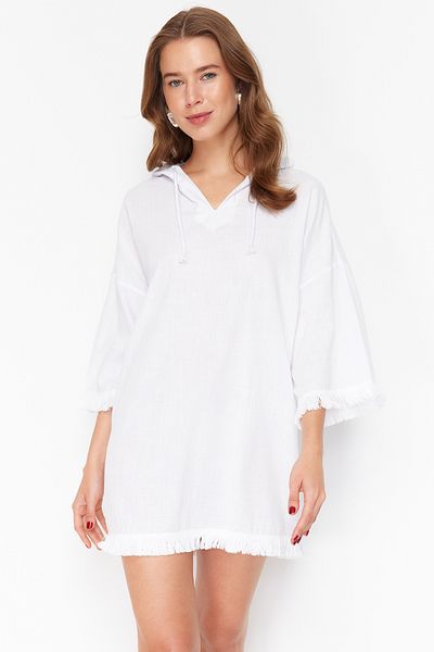 Trendyol Collection Λευκές φαρδιές μίνι υφαντές φούντες 100% βαμβακερό φόρεμα παραλίας TBESS24EL00132/