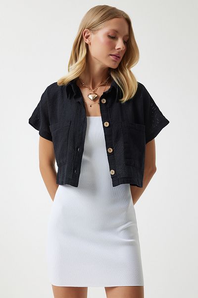 Happiness İstanbul Schwarze strukturierte Bolero-Sommerjacke mit weiten Taschen - GP00004