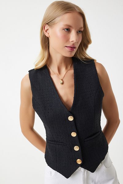 Happiness İstanbul Schwarze Tweed-Damenweste mit Metallknöpfen - TO00111