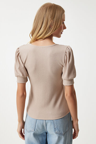 Happiness İstanbul Γυναικεία πλεκτή μπλούζα με μπισκότο τετράγωνο λαιμό και μπαλόνι - DD01051