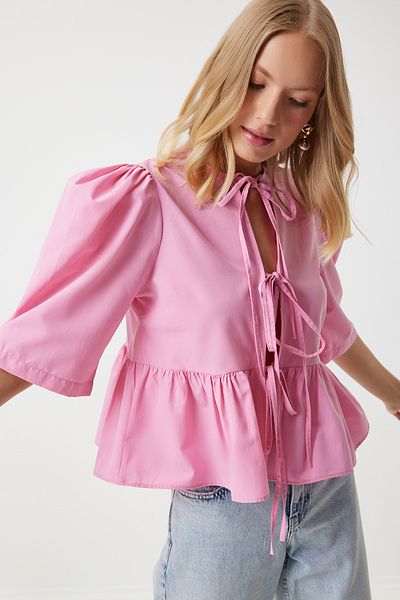 Happiness İstanbul Rosa Damenbluse aus Baumwollpopeline mit Ballonärmeln - UL00022