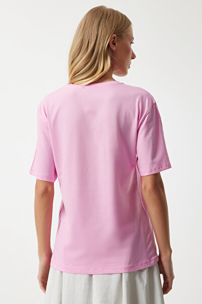 Happiness İstanbul Ροζ εμπριμέ γυναικείο βαμβακερό μπλουζάκι - AN00196