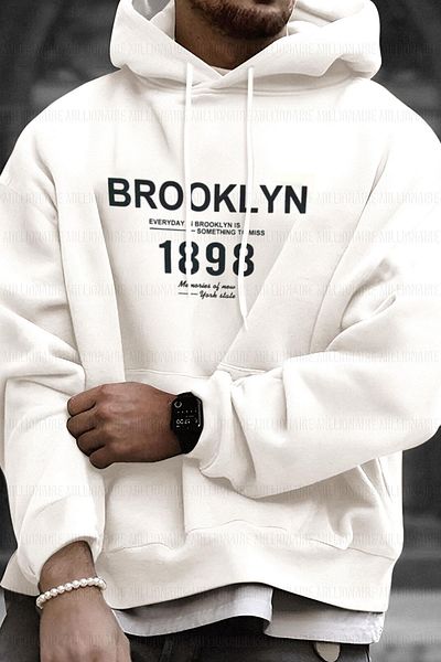 Millionaire Ανδρικό Broken White Cream Ecru 1898 με εμπριμέ με κουκούλα Oversize με 3 κλωστές, φαρδιά φαρδιά φούτερ