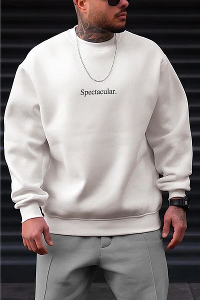 Millionaire Men's Off-White Cream Ecru Spectacular Printed 0 Crew Neck Oversize Loose Loose Fit Polar Sweatshirt